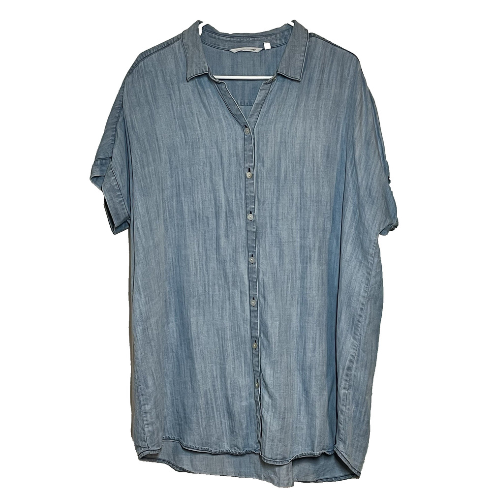 Soft Surroundings Chambray Midi Button Up Shirt Dress Coastal oversized Sz Large